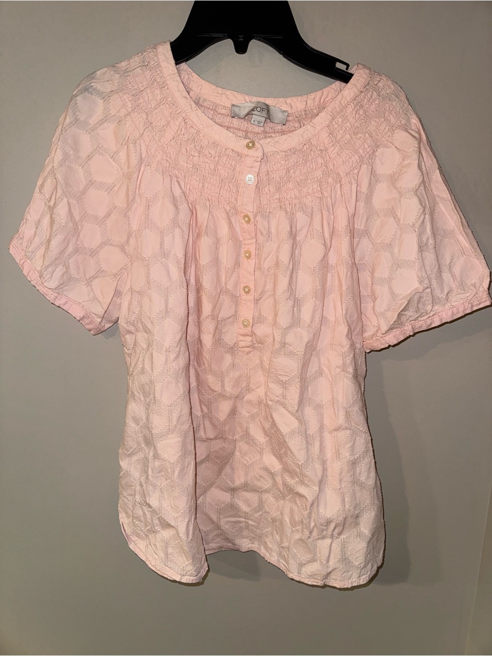 LOFT Womens M Pink Geometric Round Neck Smocked Button Front Short Sleeve Blouse